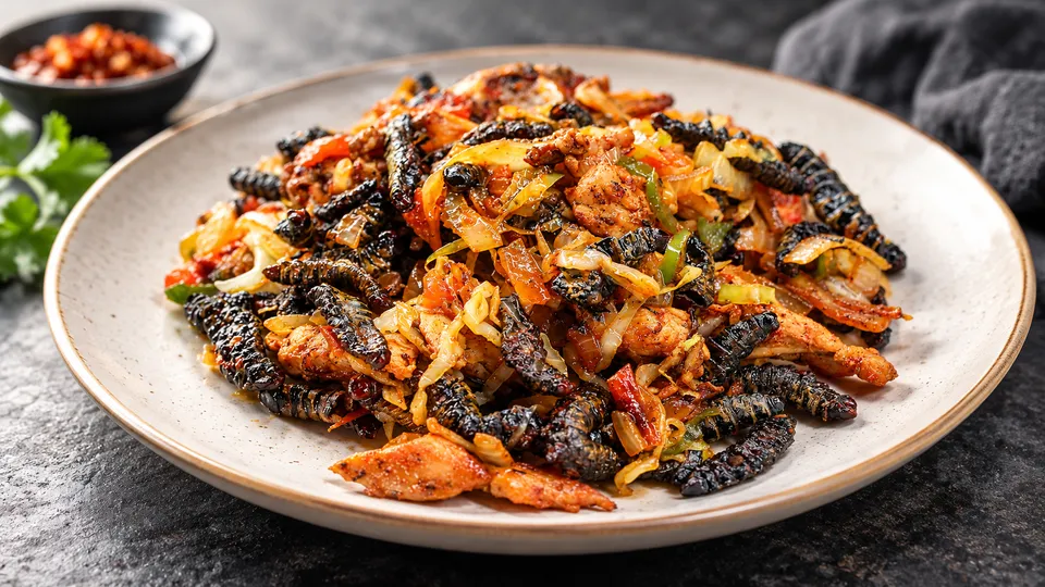 A close-up of a richly coloured cooked meal with vegetables